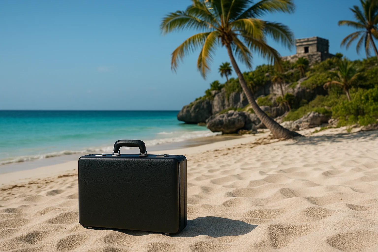 A discreet black briefcase resting on a sunlit beach in Tulum, near ancient Mayan ruins, with palm trees swaying and clear blue water in the background, symbolizing private investigation services in a tropical setting.