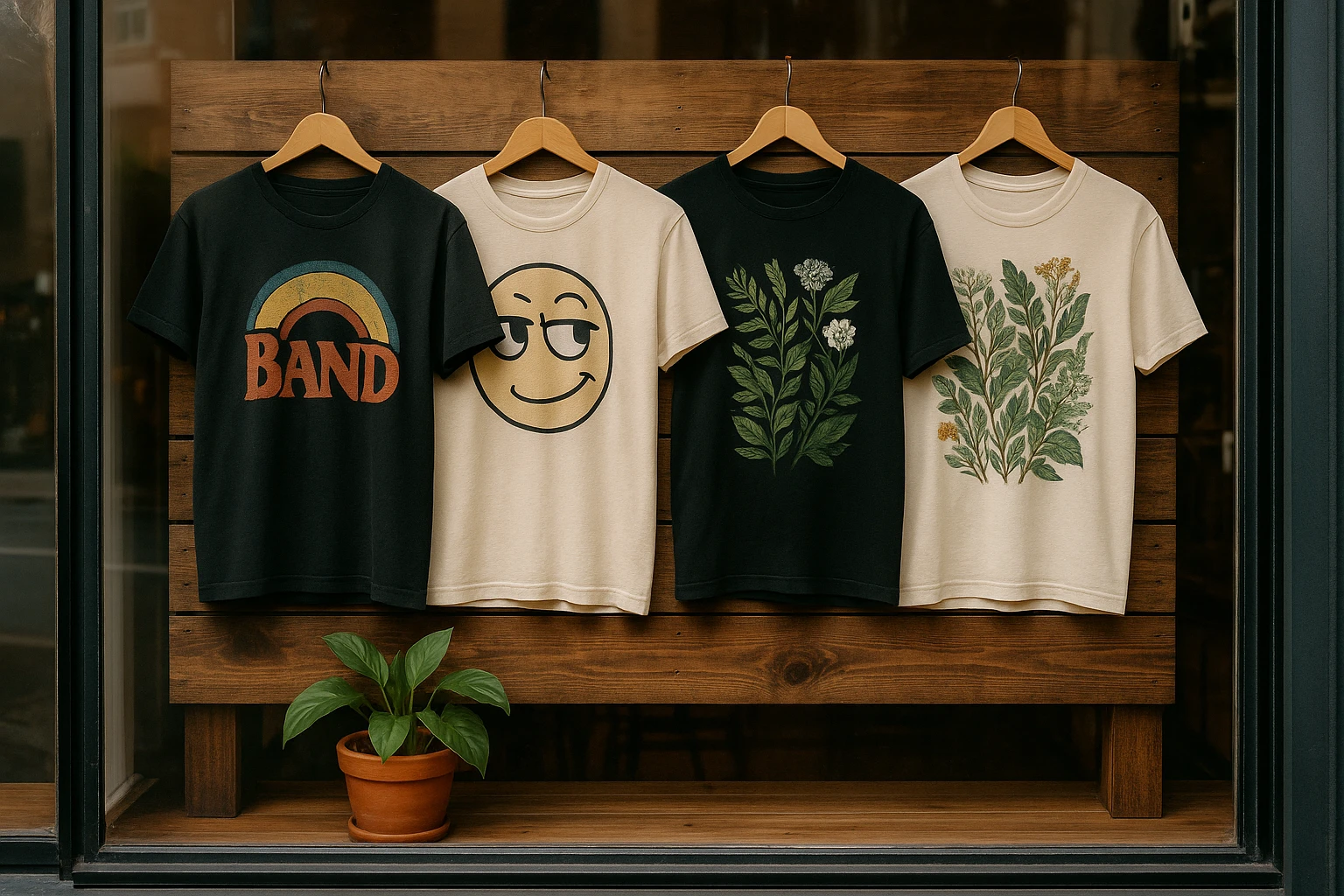 A vibrant display window of a local boutique showcases an array of graphic tees, each featuring unique designs such as a retro band logo, a witty slogan, and a lush botanical illustration, set against a rustic wooden background.