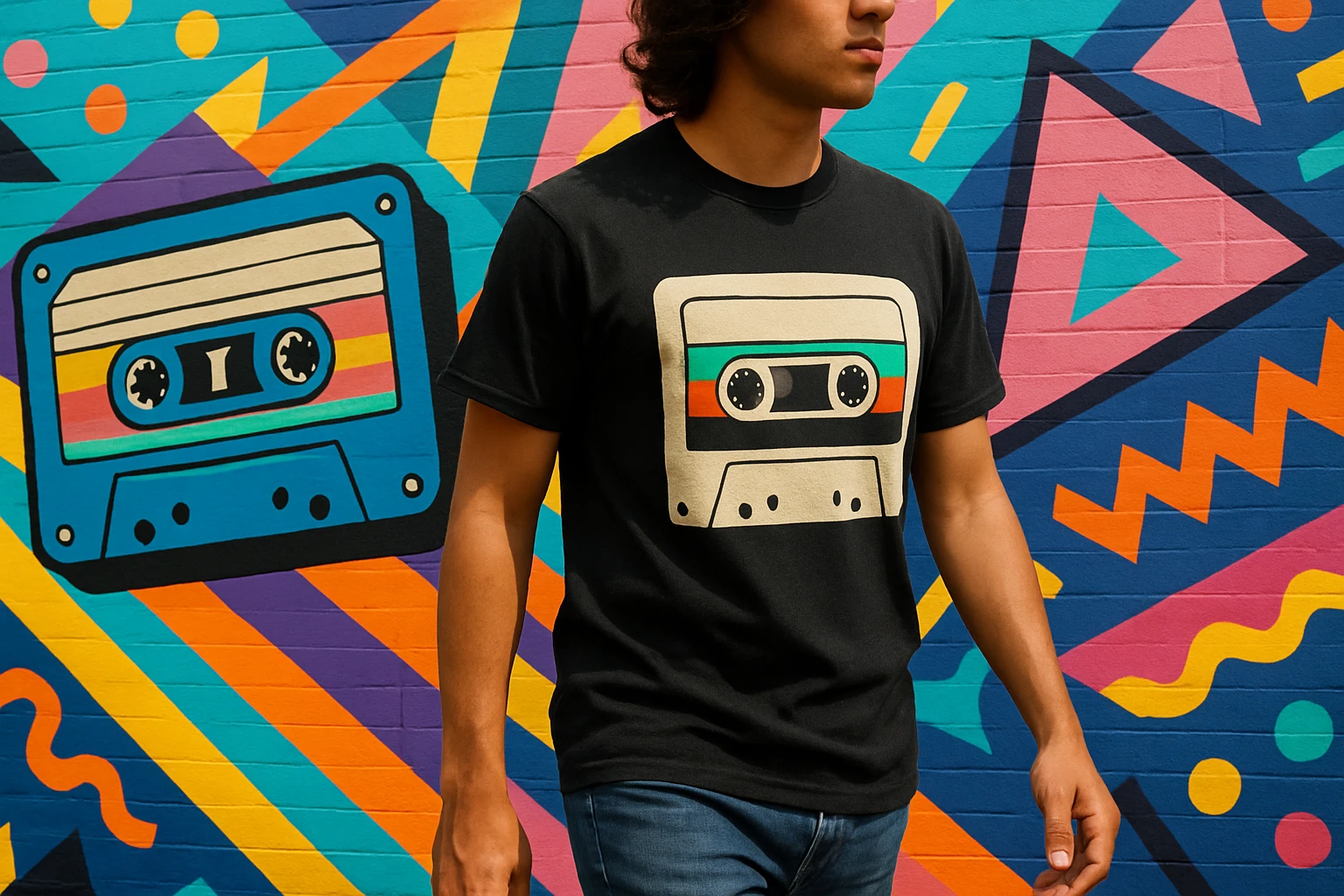 A vibrant street scene with a person wearing a graphic tee featuring a retro cassette tape design, walking past a colorful mural that echoes the nostalgic theme with 80s-inspired patterns and bold colors.