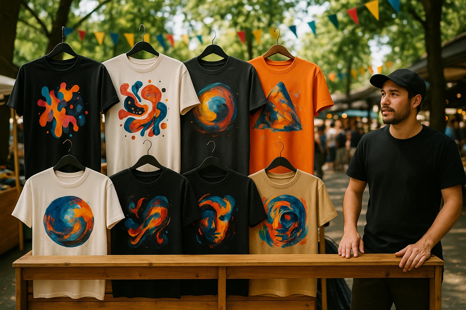A bustling outdoor market scene where a vendor displays an array of graphic tees featuring vibrant, abstract designs on a wooden stall, with trees and colorful pennant banners fluttering in the background.