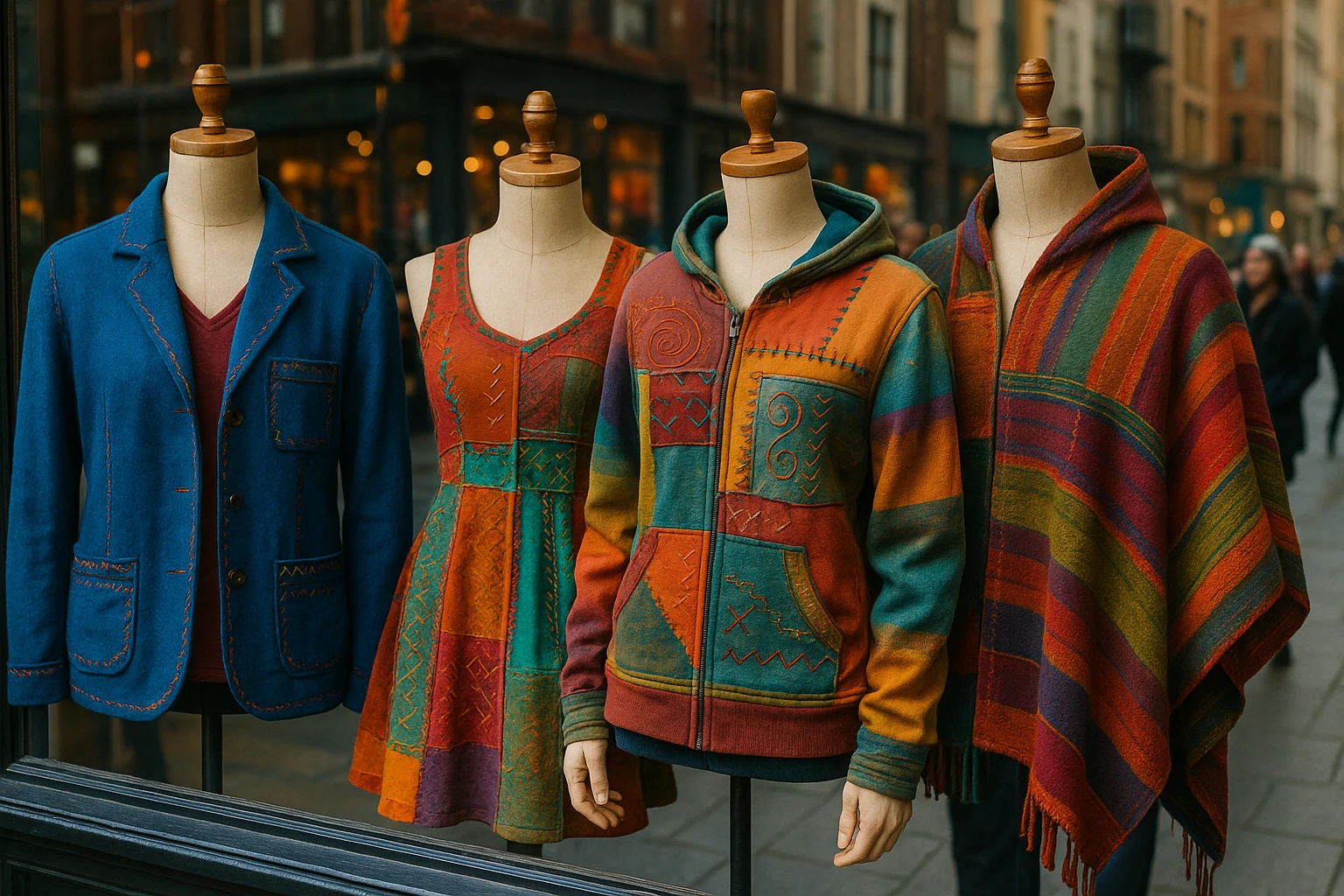 A vibrant storefront display showcasing a variety of colorful, handcrafted clothing on mannequins, with intricate stitching details and unique patterns, set against a backdrop of a bustling street with passersby admiring the creative window design.