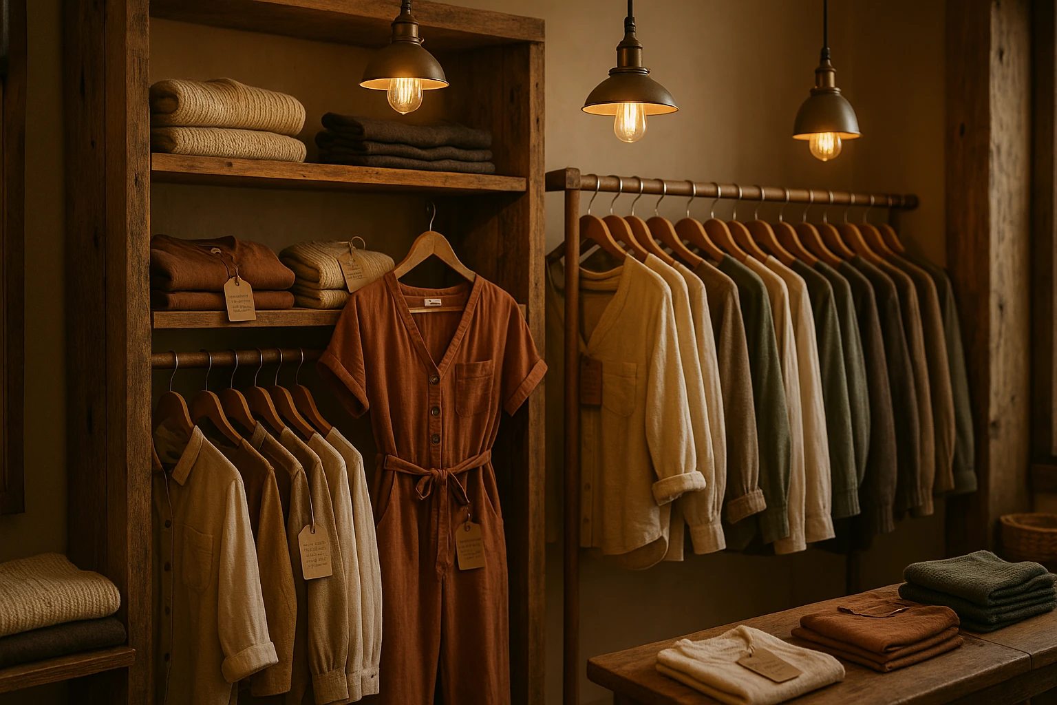 A cozy boutique interior with rustic wooden shelves displaying an array of sustainably-made clothing items, accented by handwritten tags with the brand's story embedded, set in a warm glow from vintage-style hanging lamps.