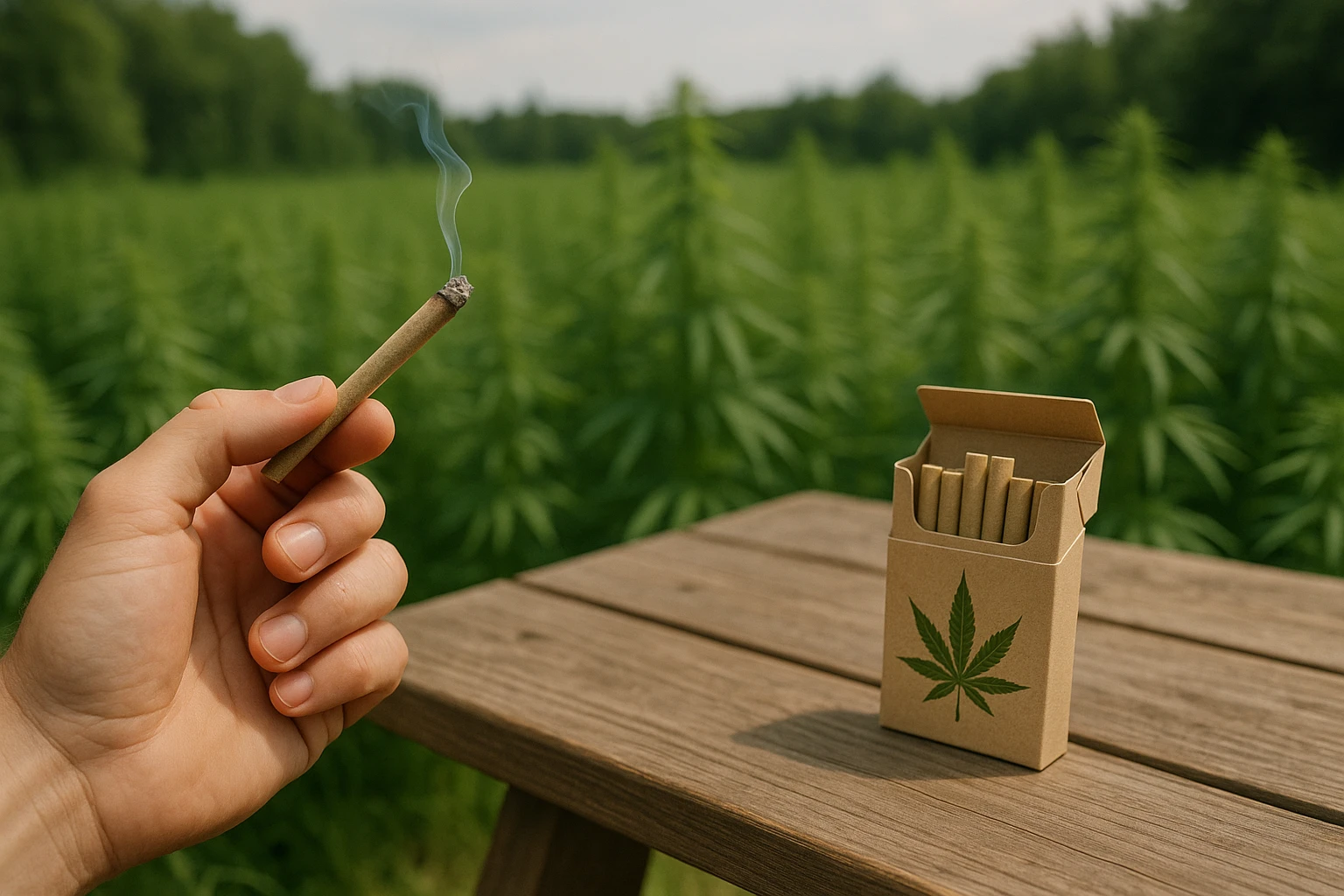 A serene outdoor setting with a close-up of a hand holding a lit organic CBD smoke against the backdrop of a lush green hemp field, with a wooden picnic table nearby displaying a stylish box of organic CBD smokes, showcasing eco-friendly packaging.