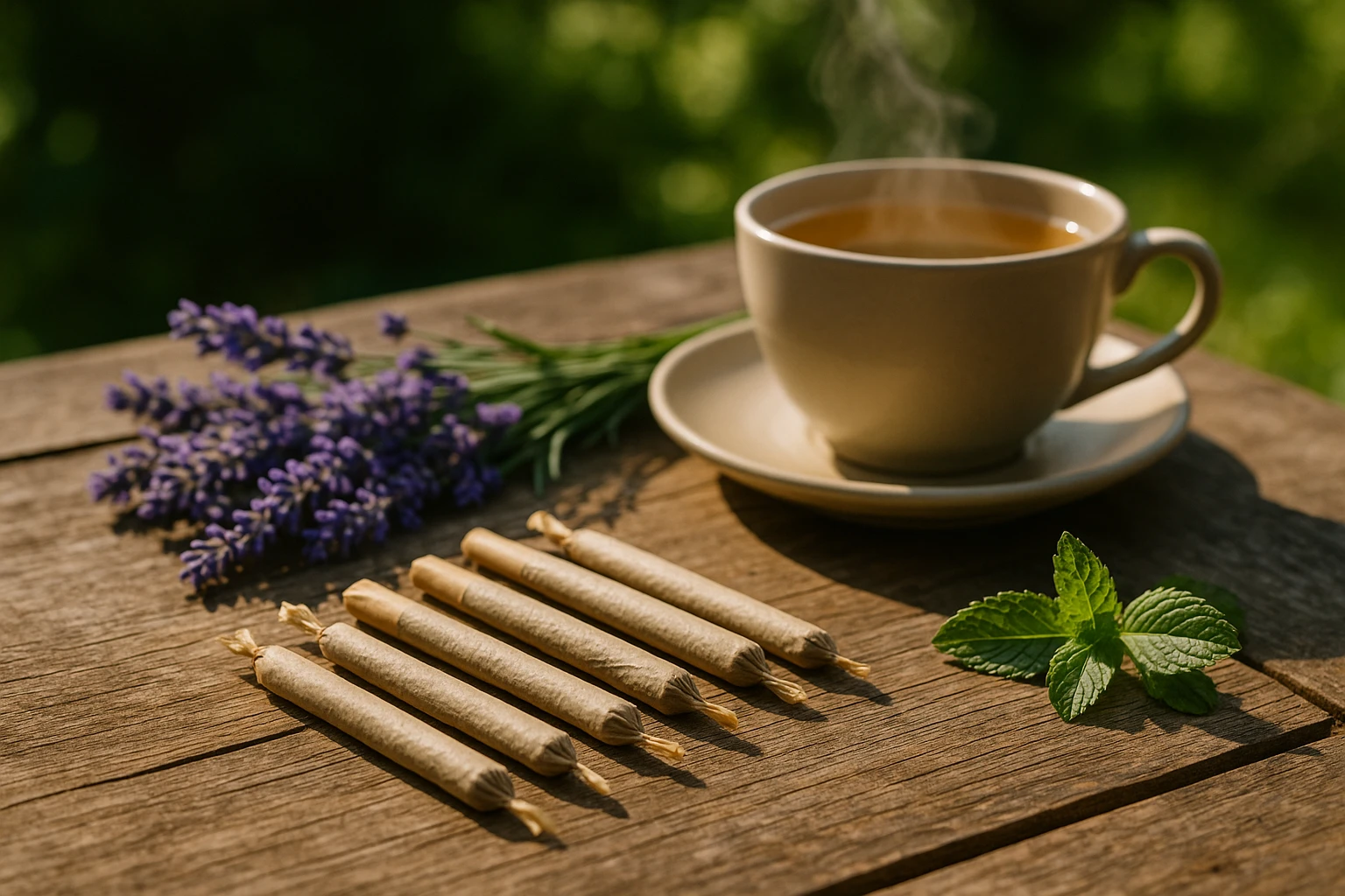 A rustic wooden table in a sunlit garden features an array of organic CBD smokes elegantly arranged beside a steaming cup of herbal tea, surrounded by aromatic lavender and fresh mint leaves, giving a sense of natural wellness and tranquility.