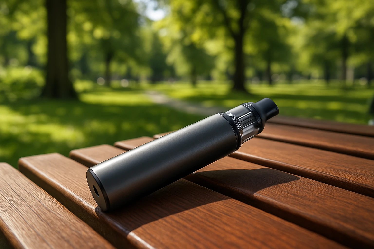 A sleek, modern vape device rests on a sunlit park bench, surrounded by the greenery of a city park, symbolizing the clean experience of tobacco-free nicotine alternatives in an inviting outdoor setting.