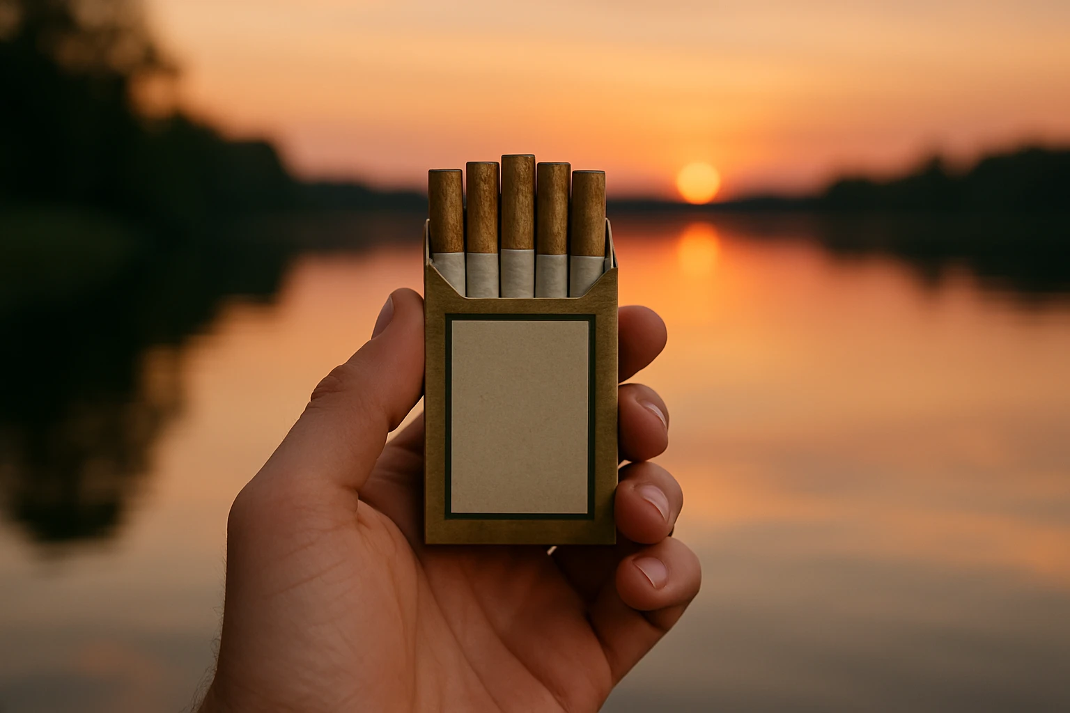 A close-up of a hand holding a pack of herbal tobacco-free smokes, set against a backdrop of a serene lakeside at sunset, with the soft glow of the sky reflecting on the water, emphasizing a natural and tranquil experience.