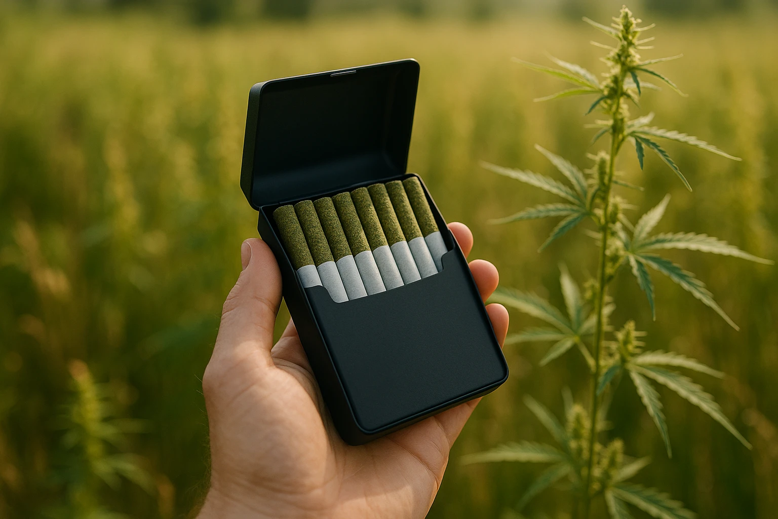 A hand holding a sleek, black cigarette case revealing an array of neatly arranged CBD cigarettes, set against the backdrop of a sunlit meadow with wild hemp plants gently swaying in the breeze.