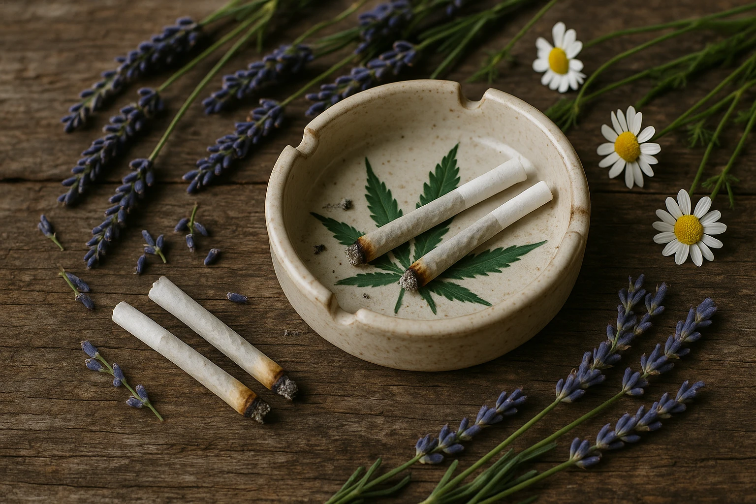 A rustic wooden table adorned with a hemp leaf-patterned ashtray, a few partially smoked CBD cigarettes resting on it, surrounded by a scattering of lavender sprigs and chamomile flowers, reflecting a calm and natural scene.
