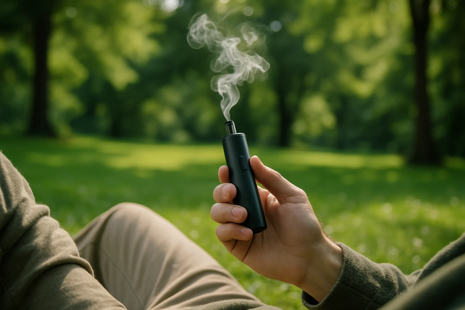 A person relaxing in a lush green park, holding a sleek herbal vaporizer, with smooth vapor wafting into the air, surrounded by calming nature sounds.