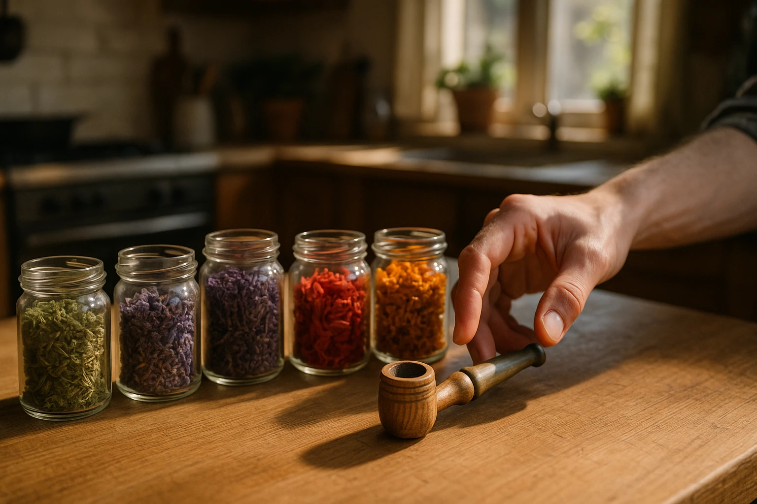 A tabletop scene featuring a variety of colorful dried herbs and flowers neatly arranged in small glass jars, with a hand reaching for a handcrafted herbal pipe, set against a backdrop of a cozy, rustic kitchen with morning sunlight streaming in.