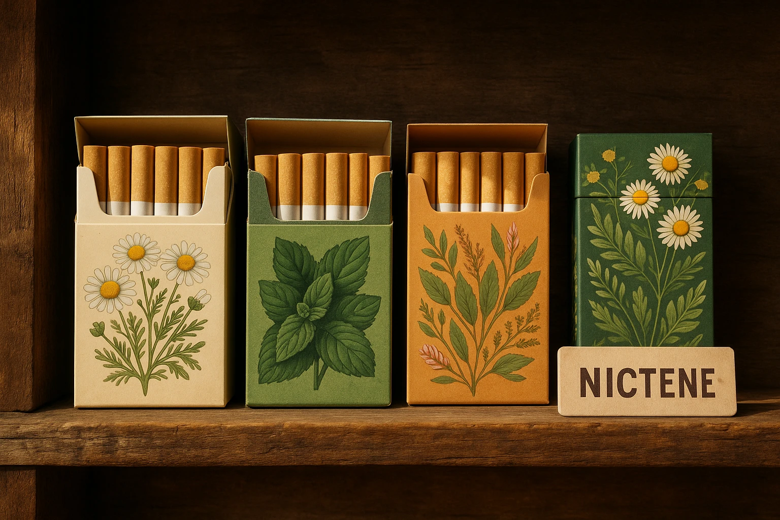A selection of herbal cigarettes displayed on a rustic wooden shelf, each package featuring vibrant, nature-inspired designs and labels highlighting ingredients like chamomile and mint, with a small sign indicating 