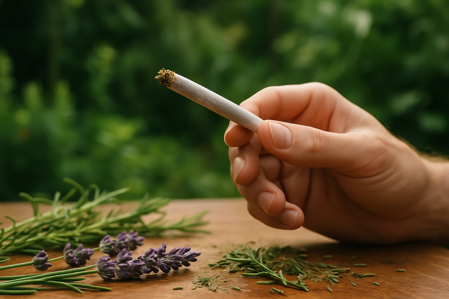 A close-up of someone holding a herbal cigarette between their fingers against a verdant garden backdrop, emphasizing the natural setting, with visible herbs like lavender and rosemary scattered on a wooden table nearby.