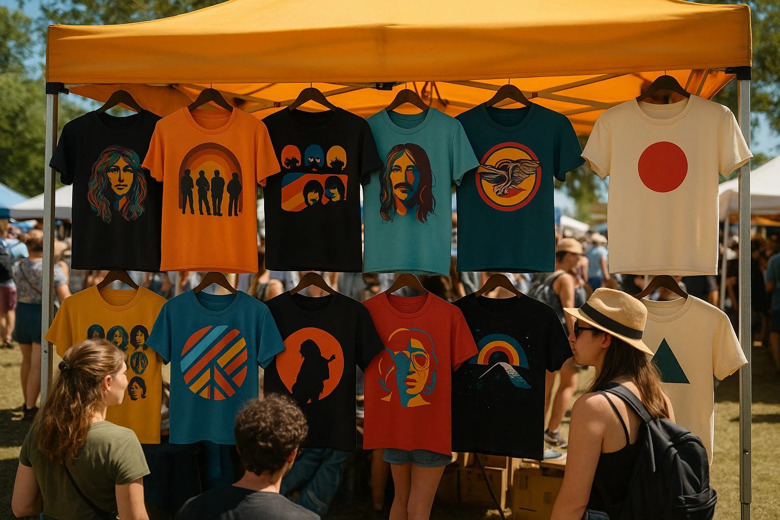 A vibrant market stall displays an array of colorful graphic tees featuring retro band logos, bold artistic prints, and minimalist designs, surrounded by curious shoppers browsing in a sunny outdoor festival setting.