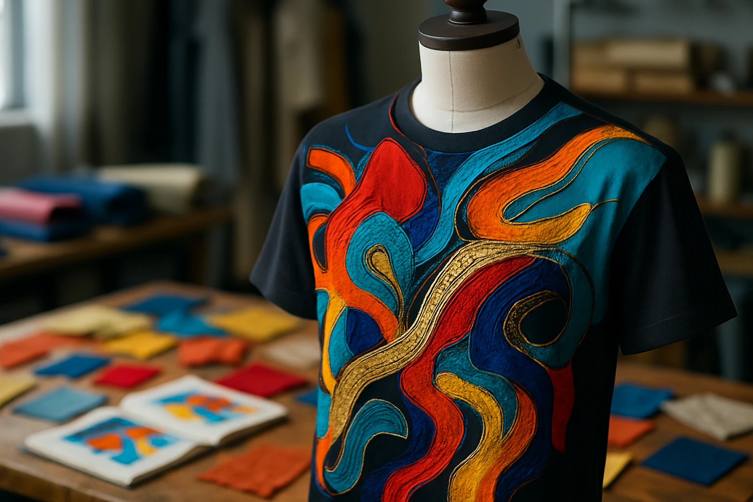 A close-up of a vibrant graphic tee on a tailor's mannequin in a designer studio, featuring a bold abstract design with intricate embroidery and metallic accents, surrounded by fabric swatches and sketchbooks scattered across a wooden workbench.