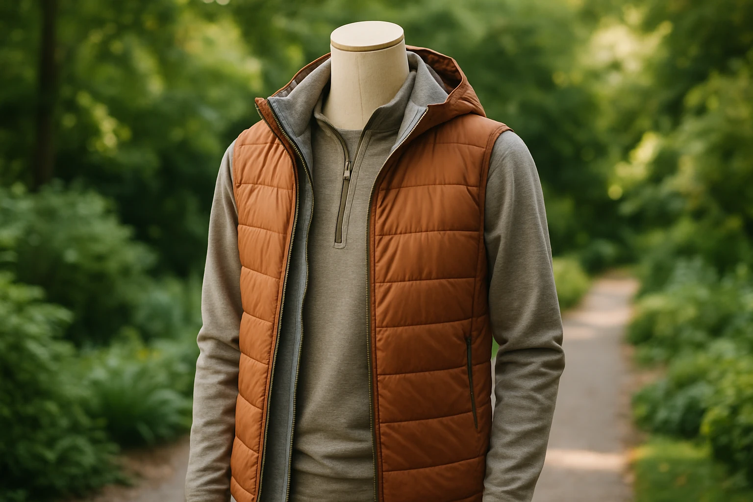 A cozy outdoor scene featuring a mannequin dressed in a layered outfit made of adaptable fabric, showcasing breathable, temperature-regulating properties ideal for varying climates, set against a background of lush greenery and a serene garden path.