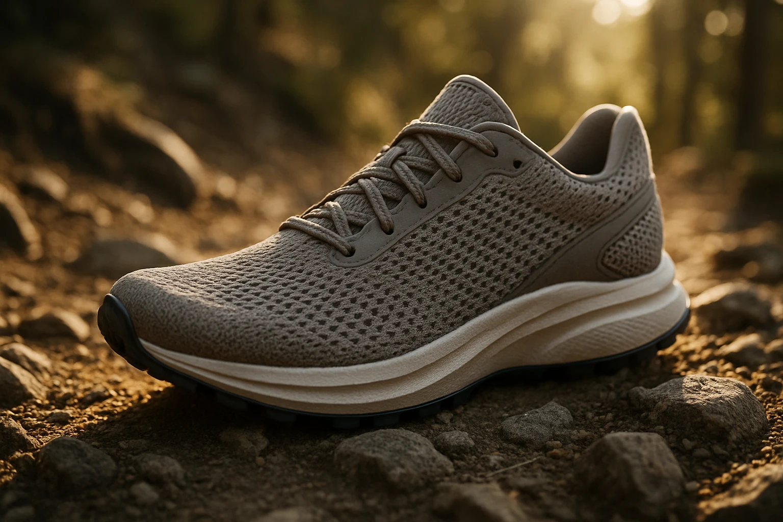 A close-up of a stylish running shoe made from innovative moisture-wicking fabric, displayed on a rocky trail with sunlight filtering through trees, highlighting the fabric's texture and breathable design ideal for outdoor adventures.