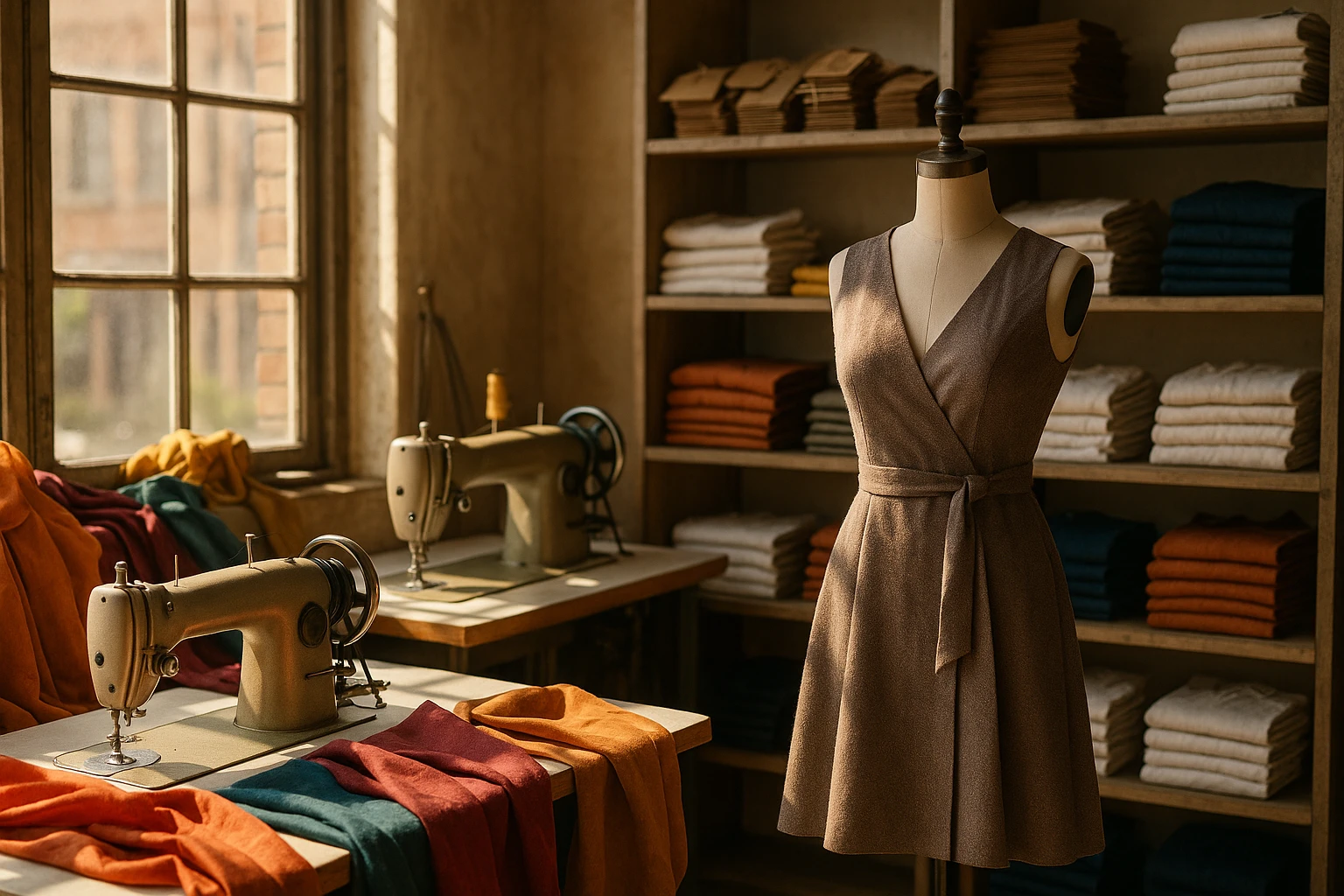A sunlit workshop filled with vibrant fabrics, sewing machines, and a tailor's mannequin adorned with a chic, handmade dress; shelves are stacked with branded tags and neatly folded clothes ready for delivery.