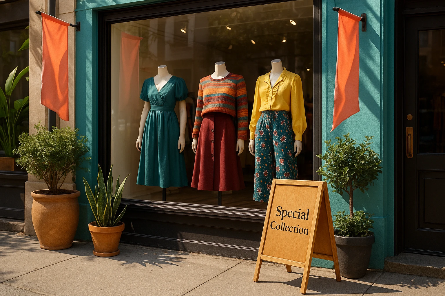 A vibrant boutique storefront with a stylish window display featuring mannequins dressed in unique, colorful outfits; the scene is complemented by a wooden A-frame sign on the sidewalk highlighting a special collection, surrounded by potted plants and branded banners fluttering in the breeze.
