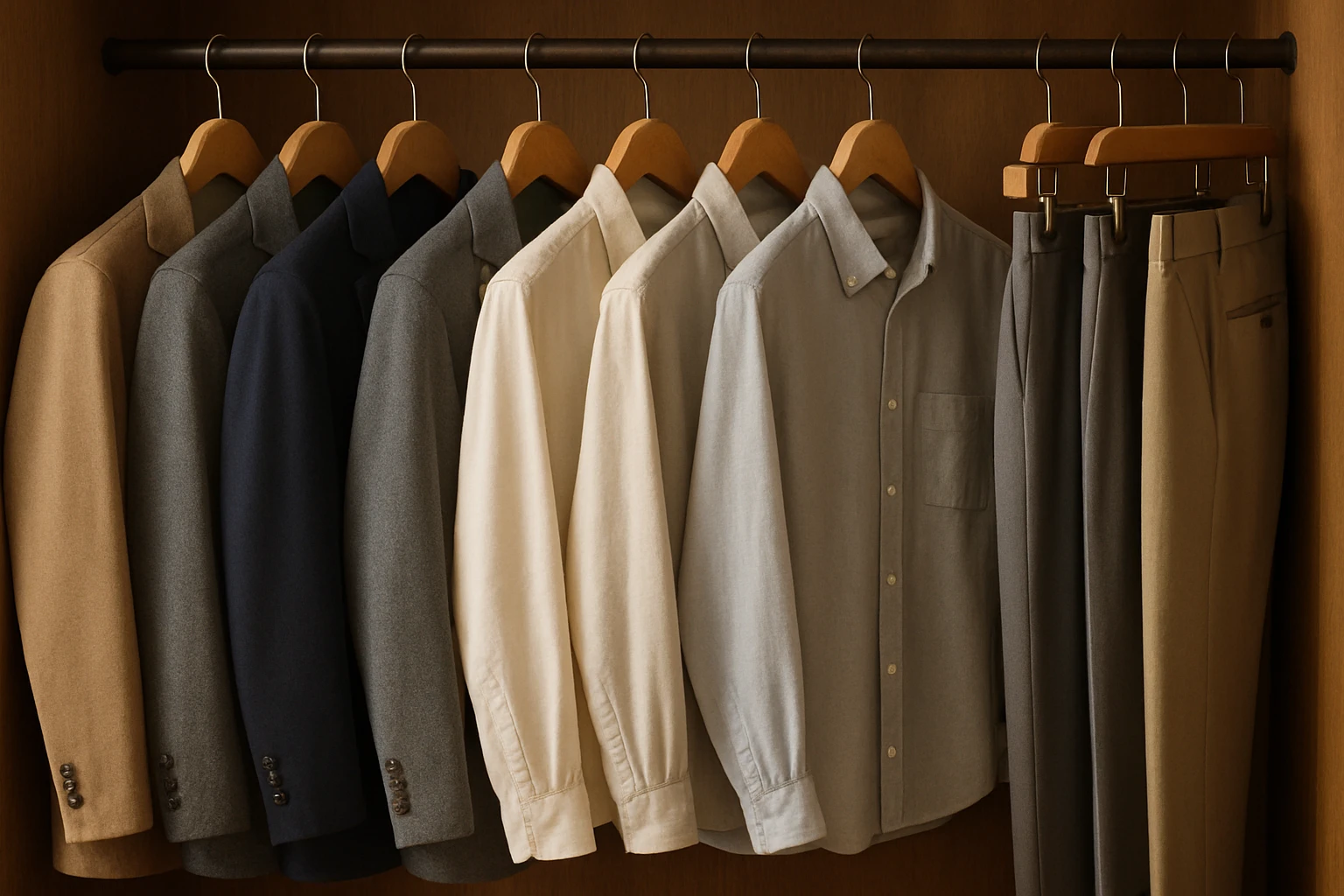 A neatly organized wardrobe filled with premium casual wear, showcasing elegant blazers, soft cotton shirts, and tailored pants in muted tones, all hanging on wooden hangers against a backdrop of warm lighting, highlighting their quality and design.