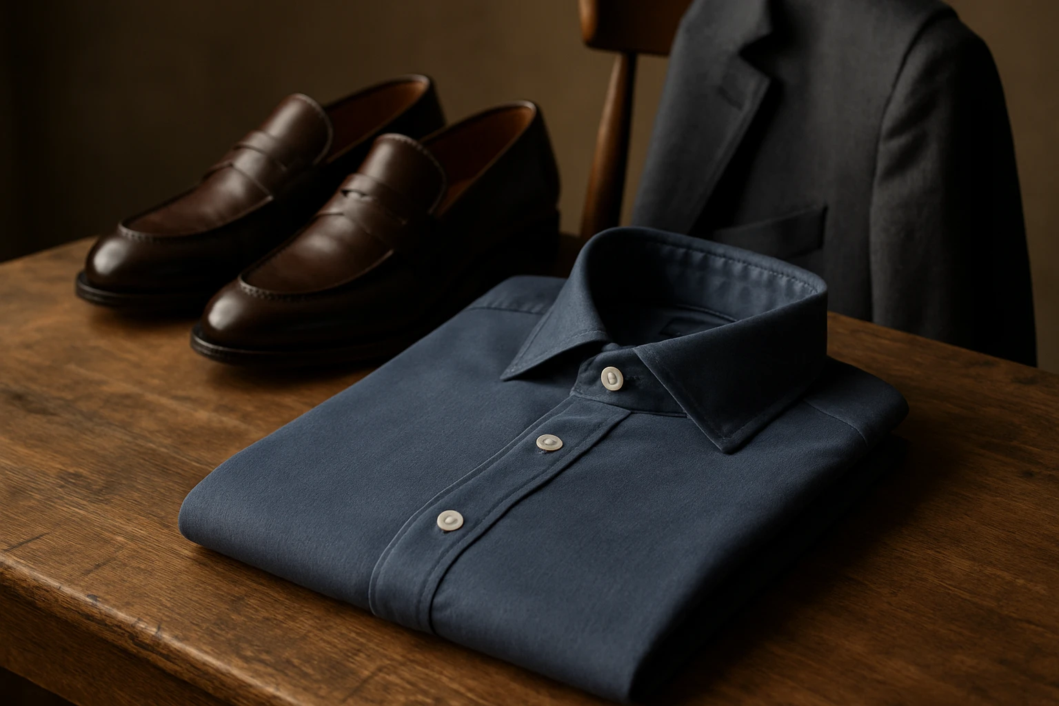 A close-up of a neatly folded premium cotton shirt in a muted navy tone displayed on a rustic wooden table beside a pair of elegant leather loafers and a matching charcoal blazer draped over the back of a vintage chair, emphasizing timeless style and craftsmanship.