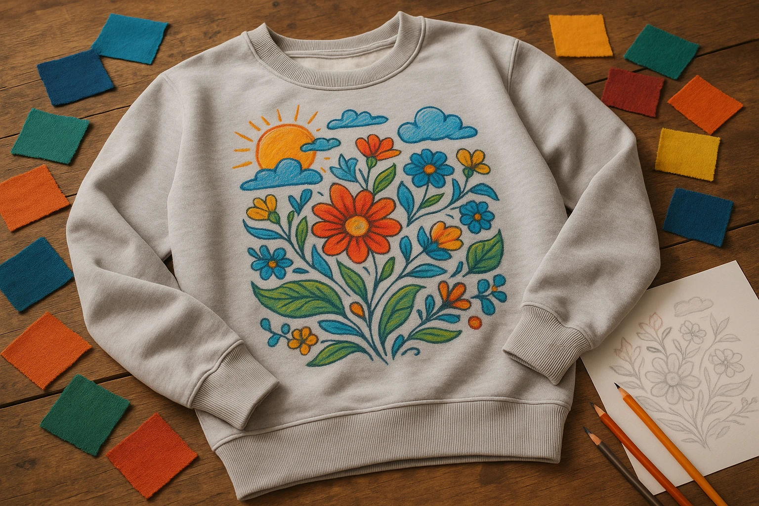 A vibrant, hand-drawn design on a soft cotton sweatshirt displayed on a rustic wooden table surrounded by colorful fabric swatches and sketching pencils, highlighting the transformation from sketches to wearable art.