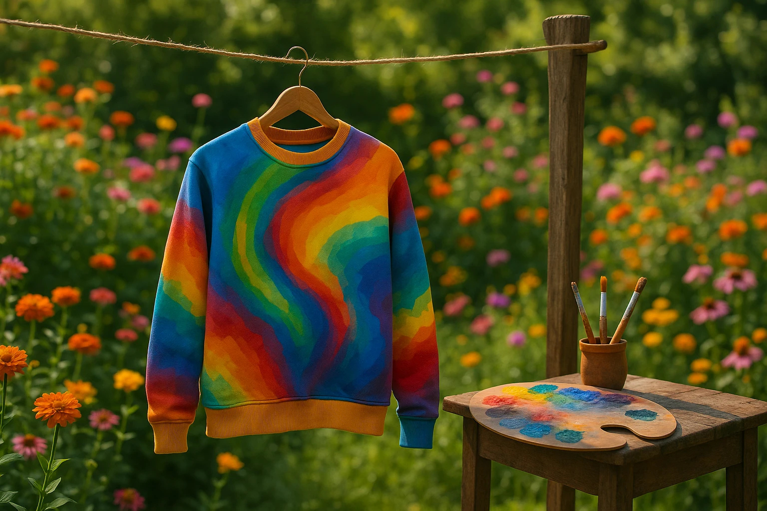A colorful graphic sweatshirt hanging on a vintage wooden clothesline in a sunny garden, surrounded by blooming flowers, with paint brushes and an artist's palette resting on a nearby table.