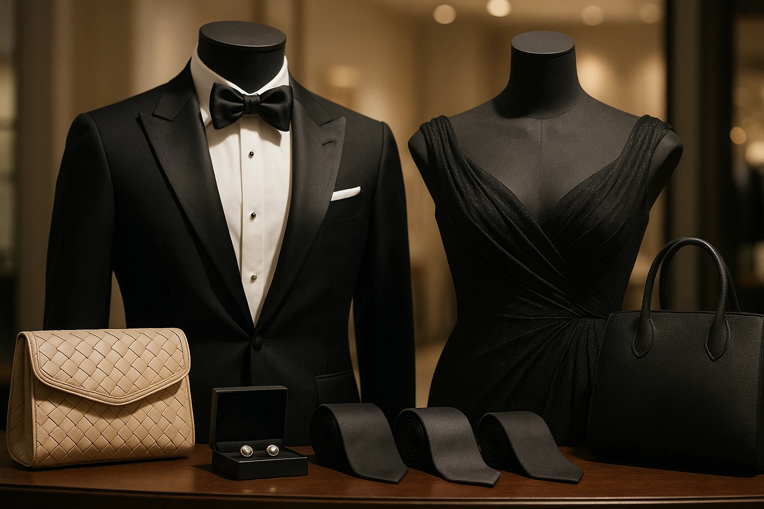 A close-up of elegantly displayed formal attire on mannequins, showcasing a luxurious tuxedo and a sophisticated evening gown, surrounded by tastefully arranged accessories like cufflinks, high-quality ties, and elegant handbags in a chic boutique setting.