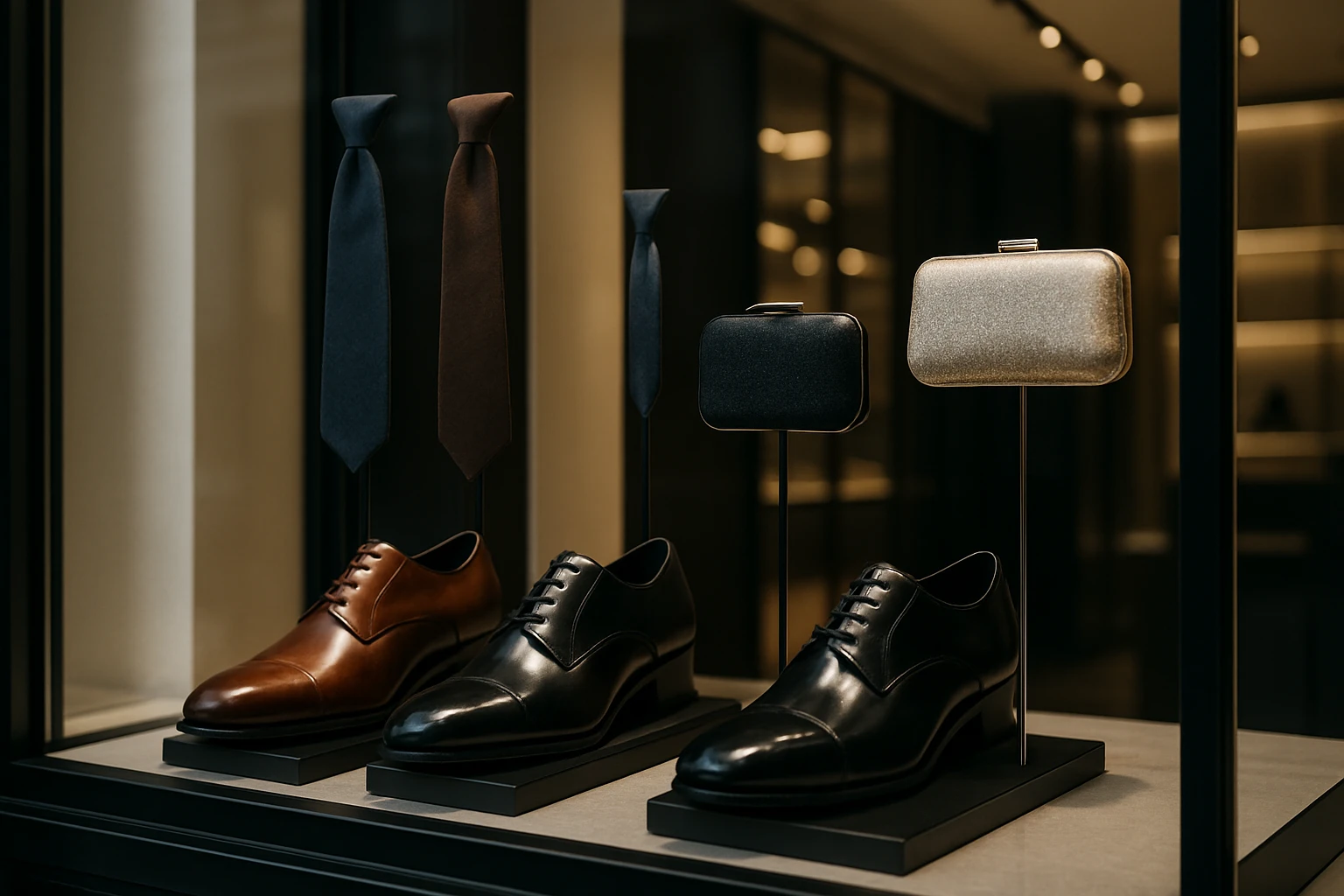 A close-up of a high-end boutique storefront window displaying a carefully curated selection of formal shoes and accessories, with a sleek modern design in the background, featuring polished leather shoes, silk ties, and shimmering evening clutch bags on elegant, minimalist stands.