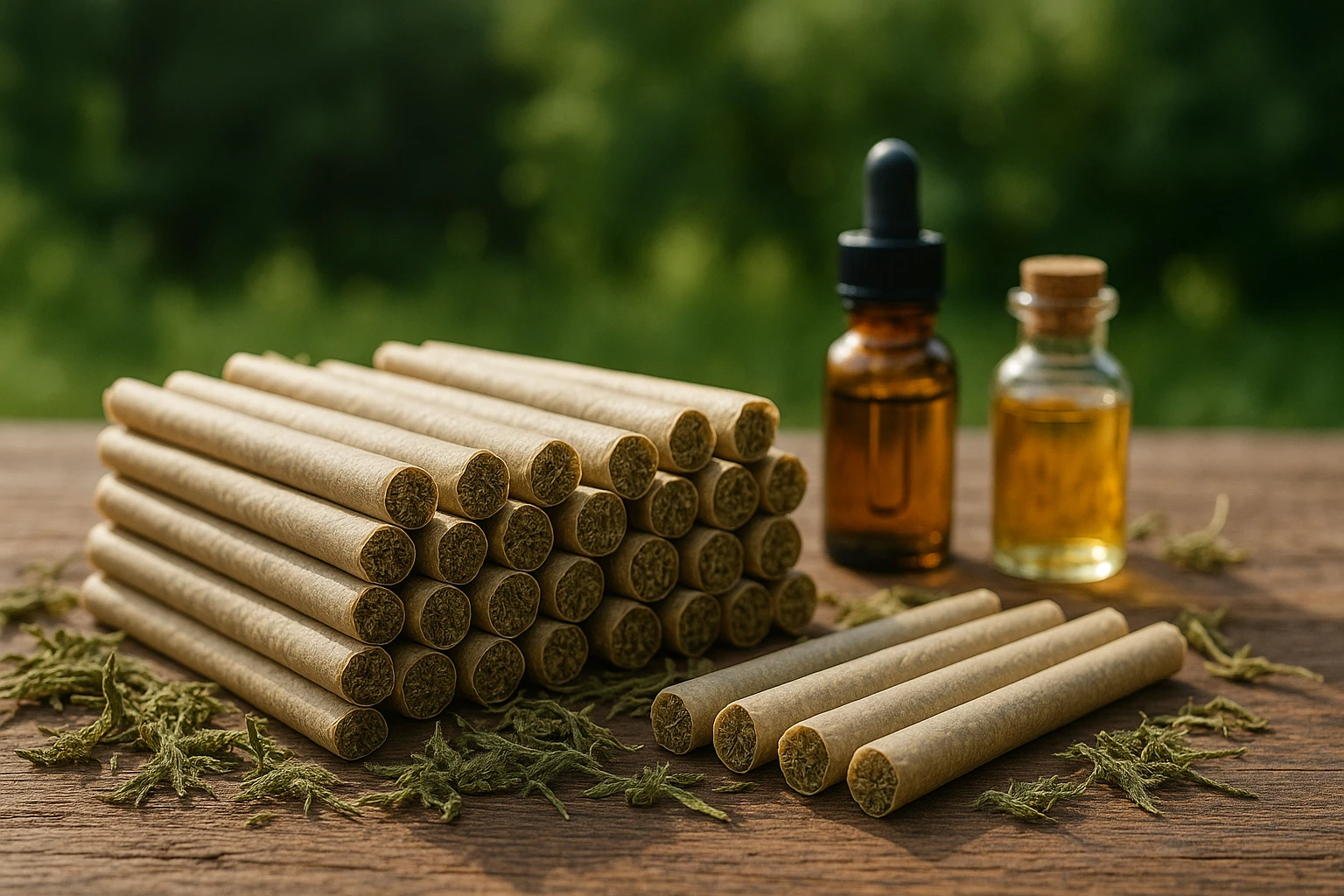 Stacks of CBD cigarettes neatly displayed on a rustic wooden table, each cigarette rolled in natural paper, surrounded by scattered dried hemp leaves and small glass bottles of essential oils, set against a backdrop of lush greenery outdoors.