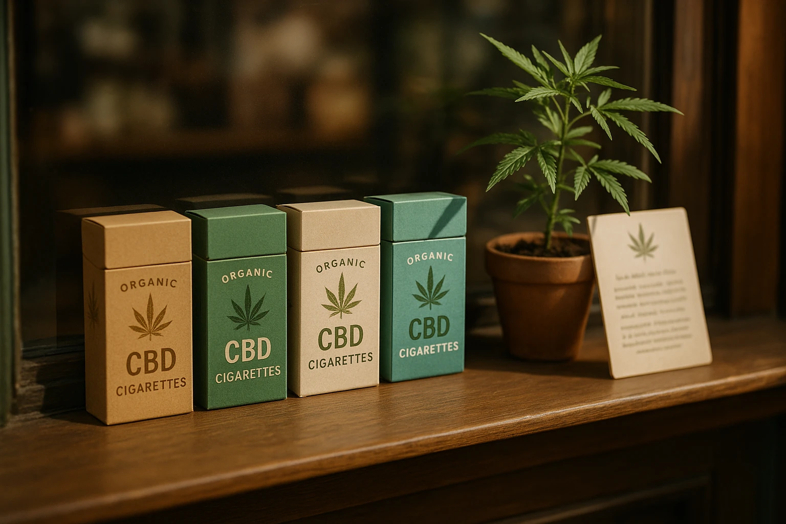 A close-up shot of an artisan shop's display window featuring a variety of organically branded CBD cigarette packs, accompanied by a small decorative hemp plant and an informative placard explaining CBD's benefits, illuminated by soft, natural sunlight filtering through the glass.