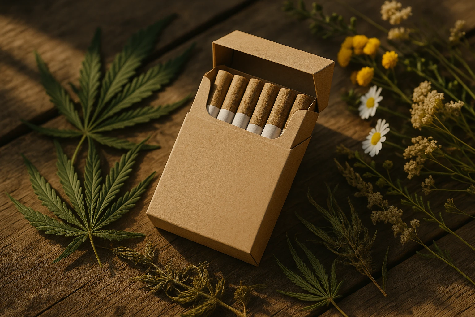 A close-up of a stylish, eco-friendly package of premium hemp cigarettes placed on a rustic wooden table, surrounded by carefully arranged dried hemp leaves and wildflowers, with sunlight casting soft, natural shadows across the scene.