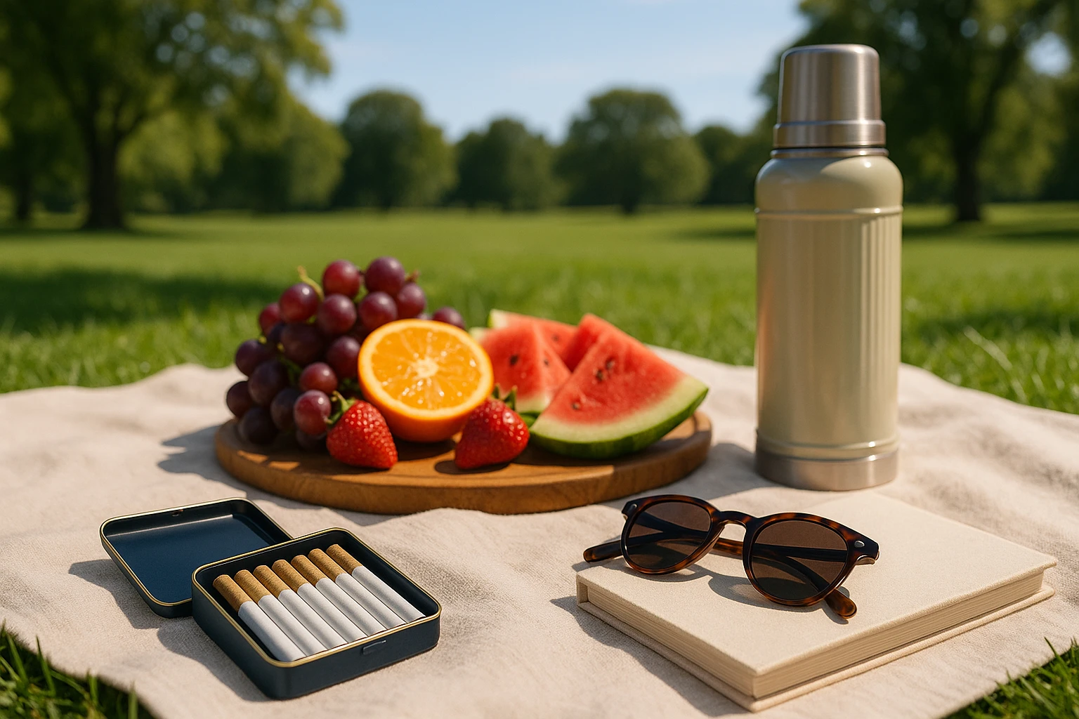 A serene outdoor park setting with a picnic blanket laid out on lush green grass, displaying an open tin box of premium hemp cigarettes next to a fresh fruit platter and a vintage-style thermos, accompanied by a pair of sunglasses and a book, all under a clear blue sky.
