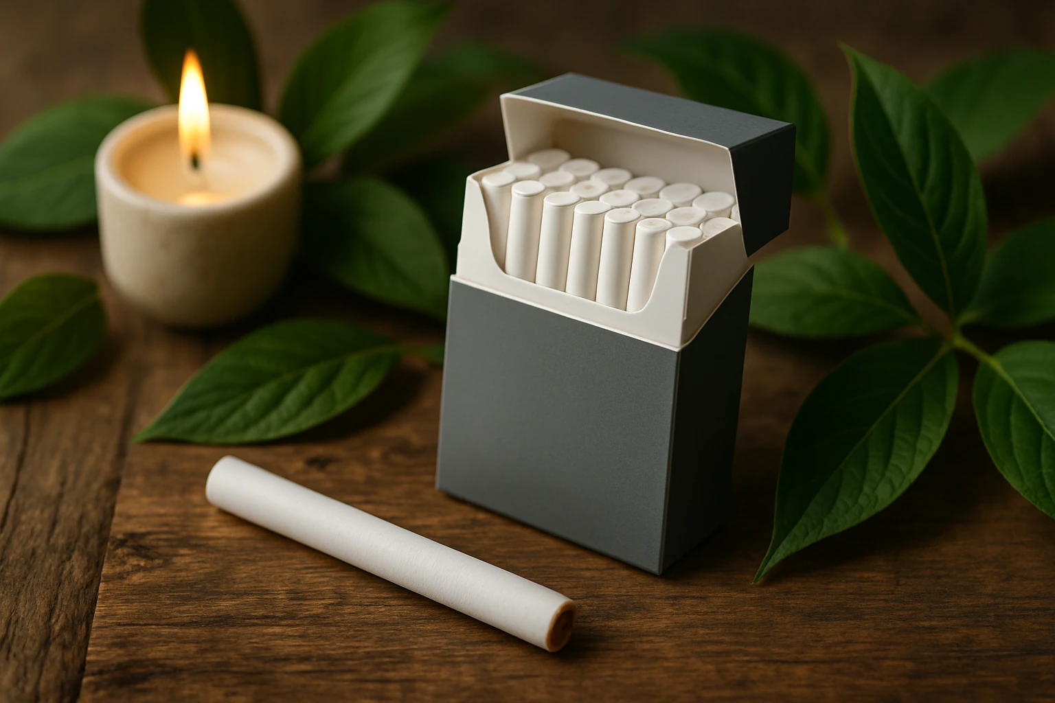 A close-up of a sleek, modern package of nicotine-free cigarettes resting on a rustic wooden tabletop, surrounded by fresh green leaves and a softly burning candle, suggesting a natural, serene lifestyle.
