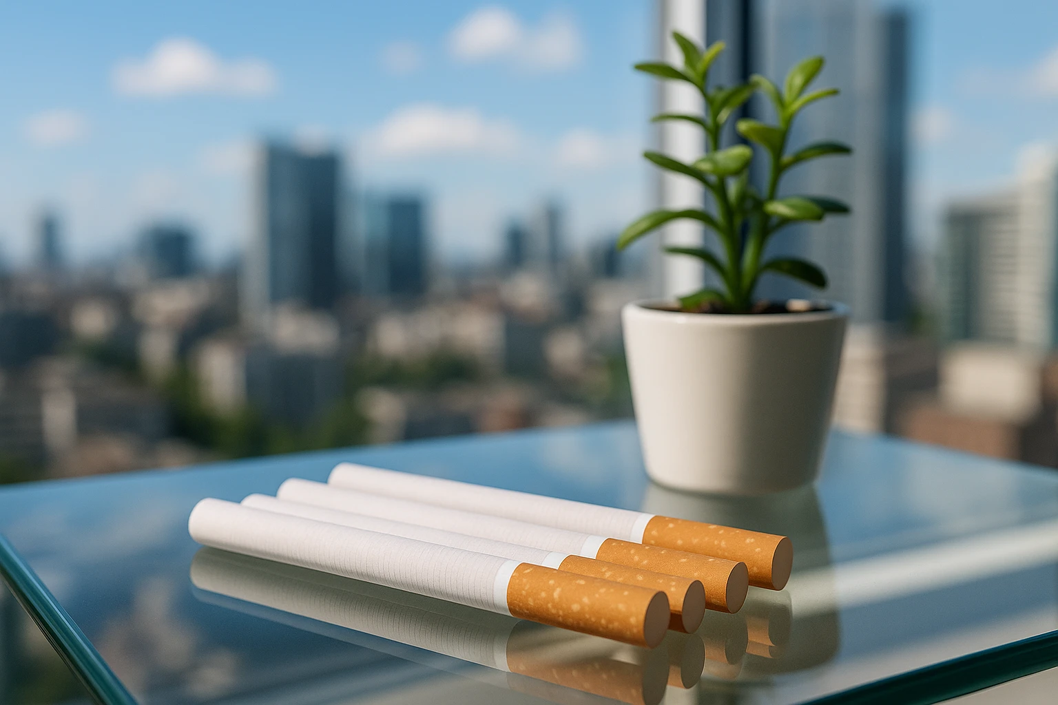 A set of nicotine-free cigarettes placed on a clear glass table next to a small potted plant, with a bright blue sky and cityscape visible through a nearby window, highlighting a modern, urban lifestyle.