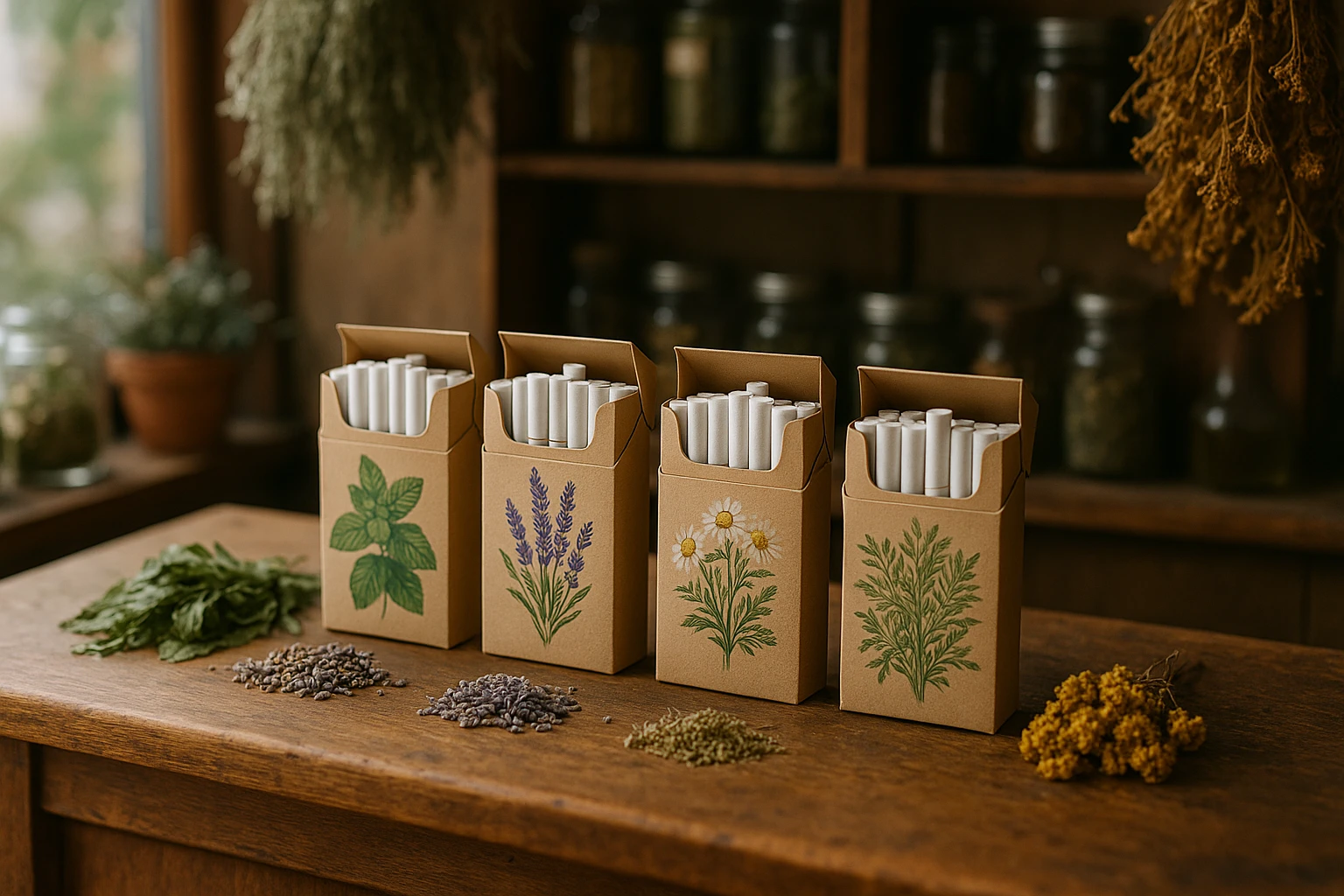 A small herbal shop display featuring an assortment of herbal cigarette packs, each labeled with natural ingredients like mint and lavender, alongside a rustic wooden counter adorned with dried herbs and flowers.