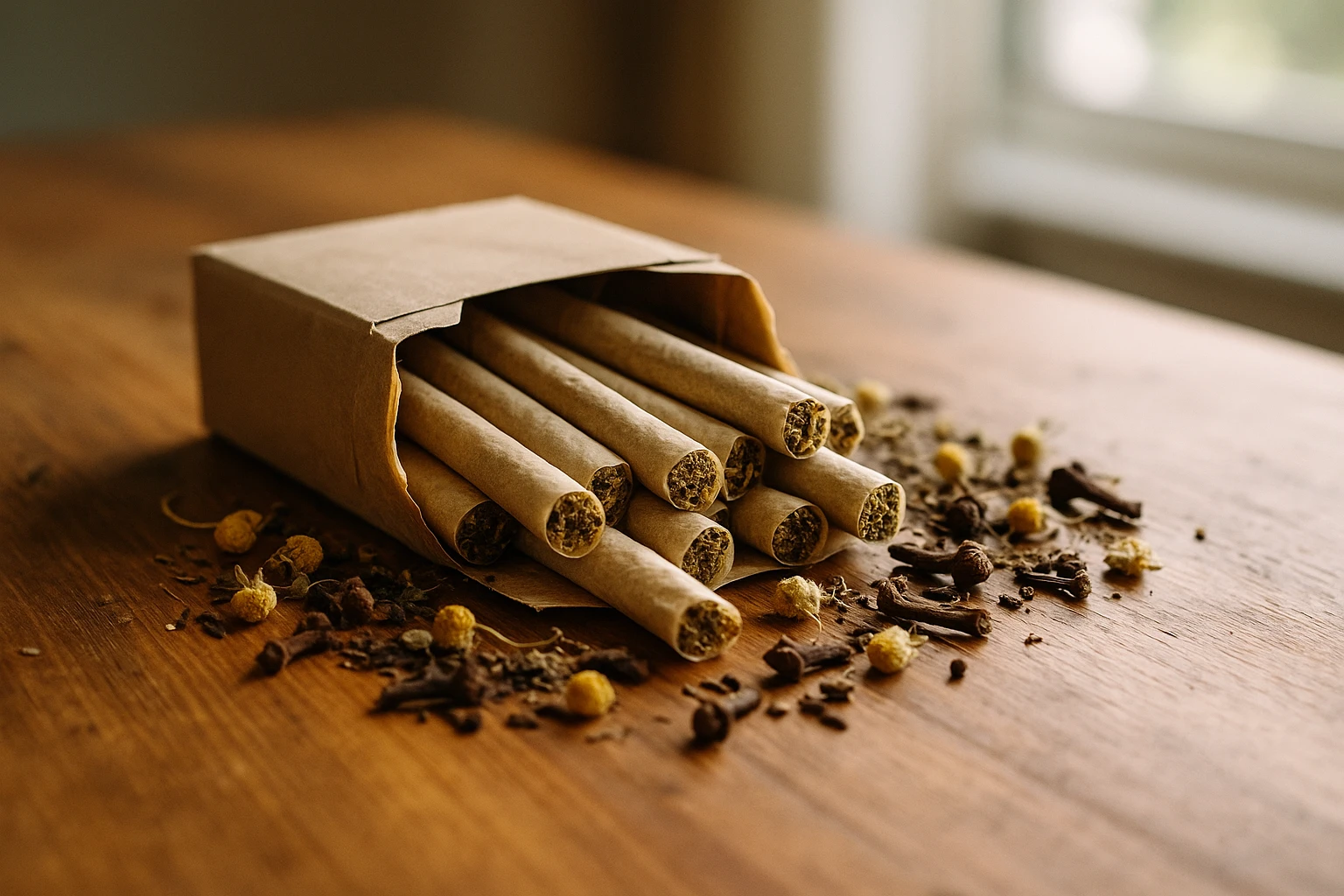 A close-up of a wooden table with an open herbal cigarette pack spilling its contents, revealing cigarettes wrapped in natural, unbleached paper, surrounded by loose dried herbs like chamomile and clove, with a soft daylight filtering through a nearby window.