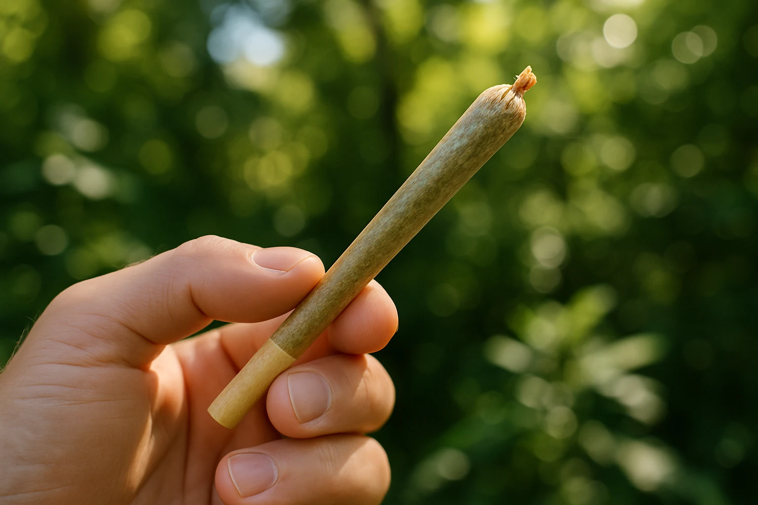 A close-up of a hand holding a CBD cigarette against a backdrop of lush greenery, with sunlight filtering through the leaves highlighting the natural hemp fibers.