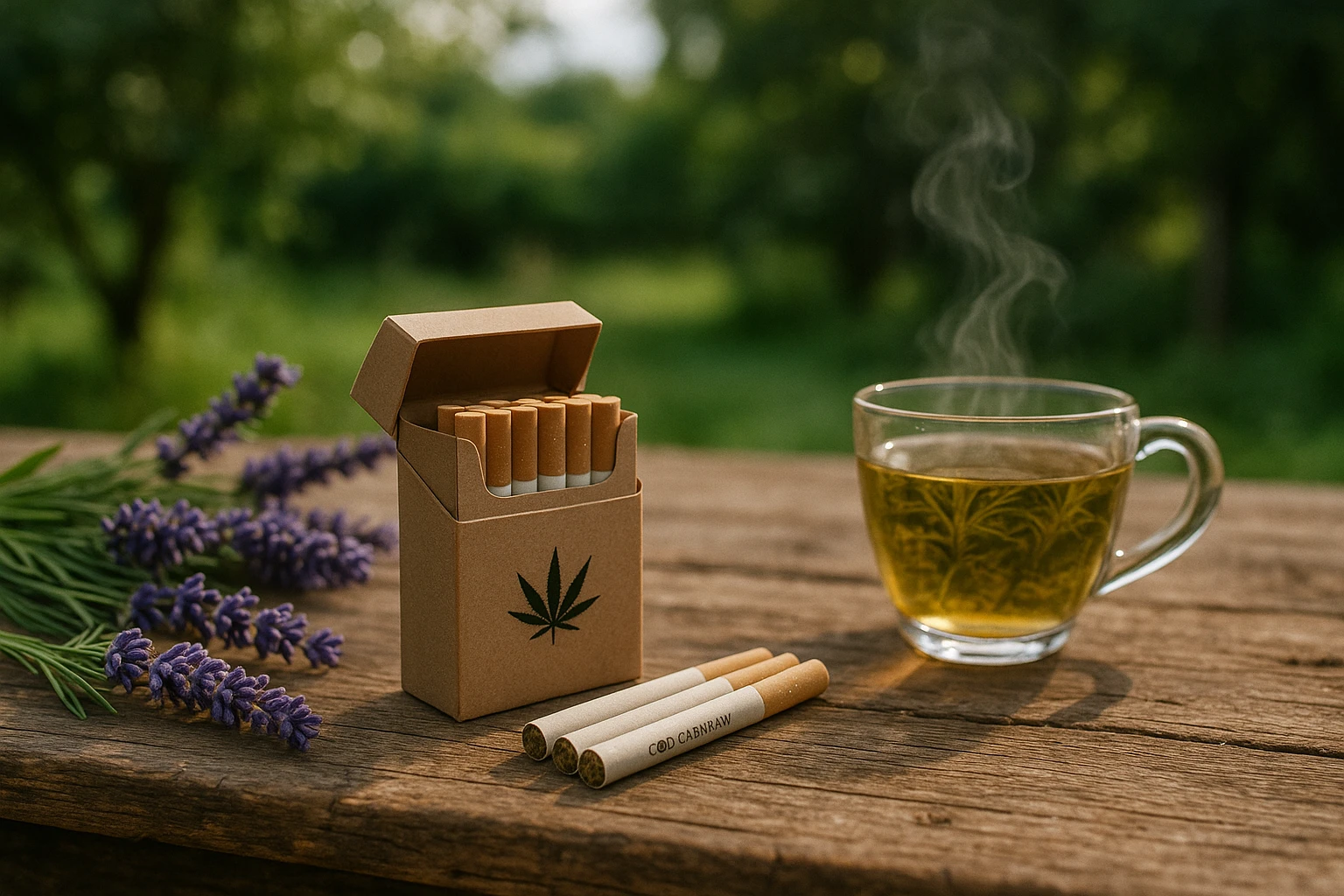 A rustic wooden table with an open box of branded CBD cigarettes, surrounded by fresh lavender and a steaming cup of herbal tea, set against a peaceful garden backdrop.