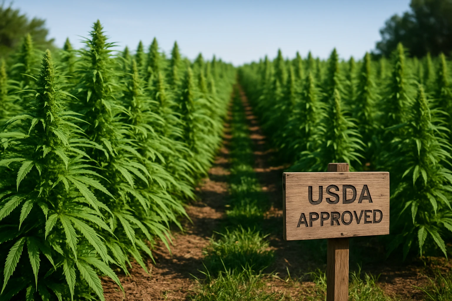 Rows of lush, vibrant hemp plants stretch across a sunlit field, their tall stalks gently swaying in the breeze under a clear blue sky, with a small wooden sign displaying 
