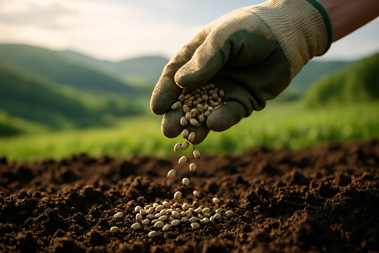 A close-up of hemp seeds being scattered onto rich, dark soil by a hand wearing gardening gloves, with a backdrop of rolling green hills and a bright morning sky.