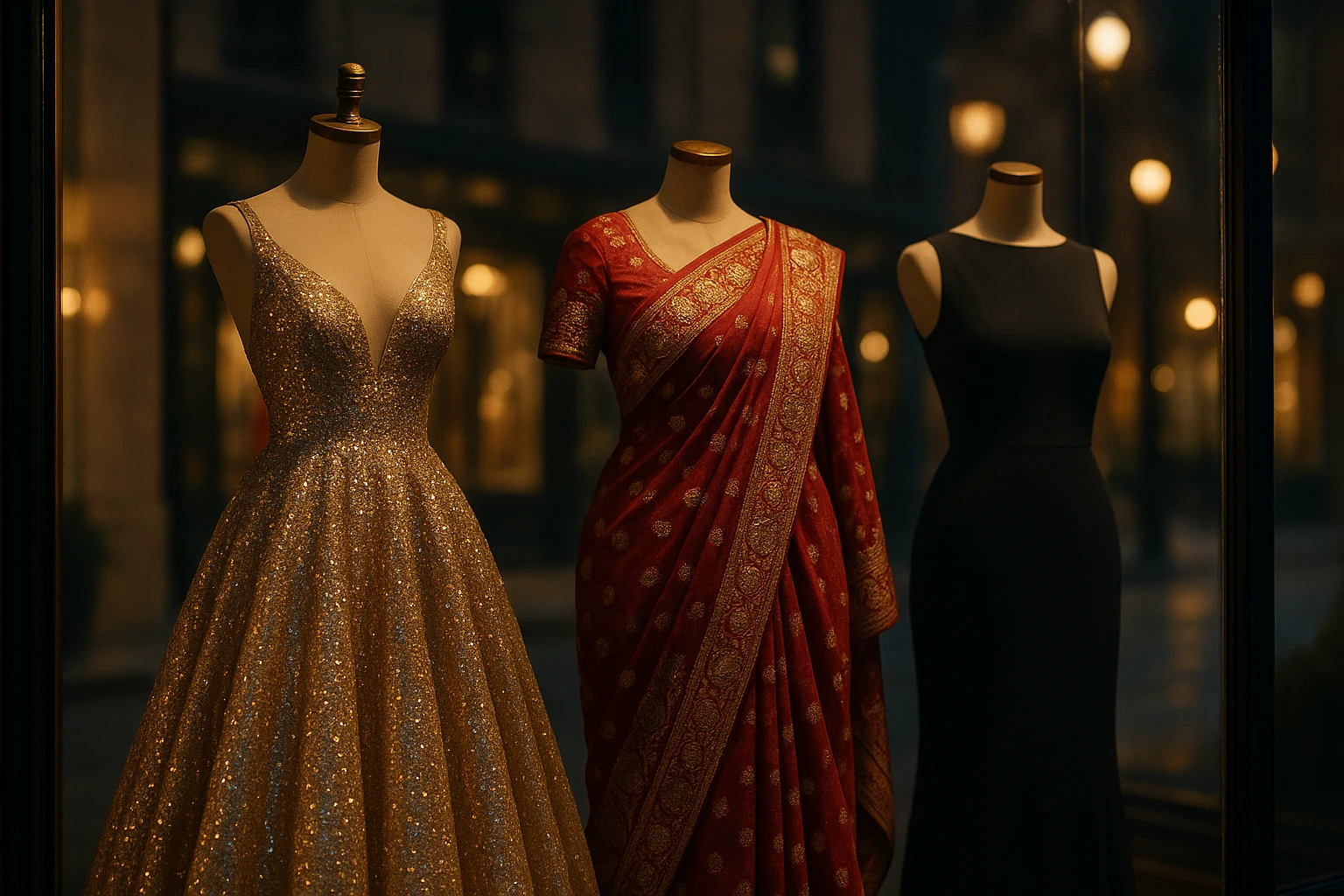 A vibrant boutique window display showcases an eclectic mix of evening wear from around the world, featuring a dazzling Parisian gown, a richly embroidered South Asian sari, and a sleek modern Western dress, all illuminated by soft, ambient streetlights.