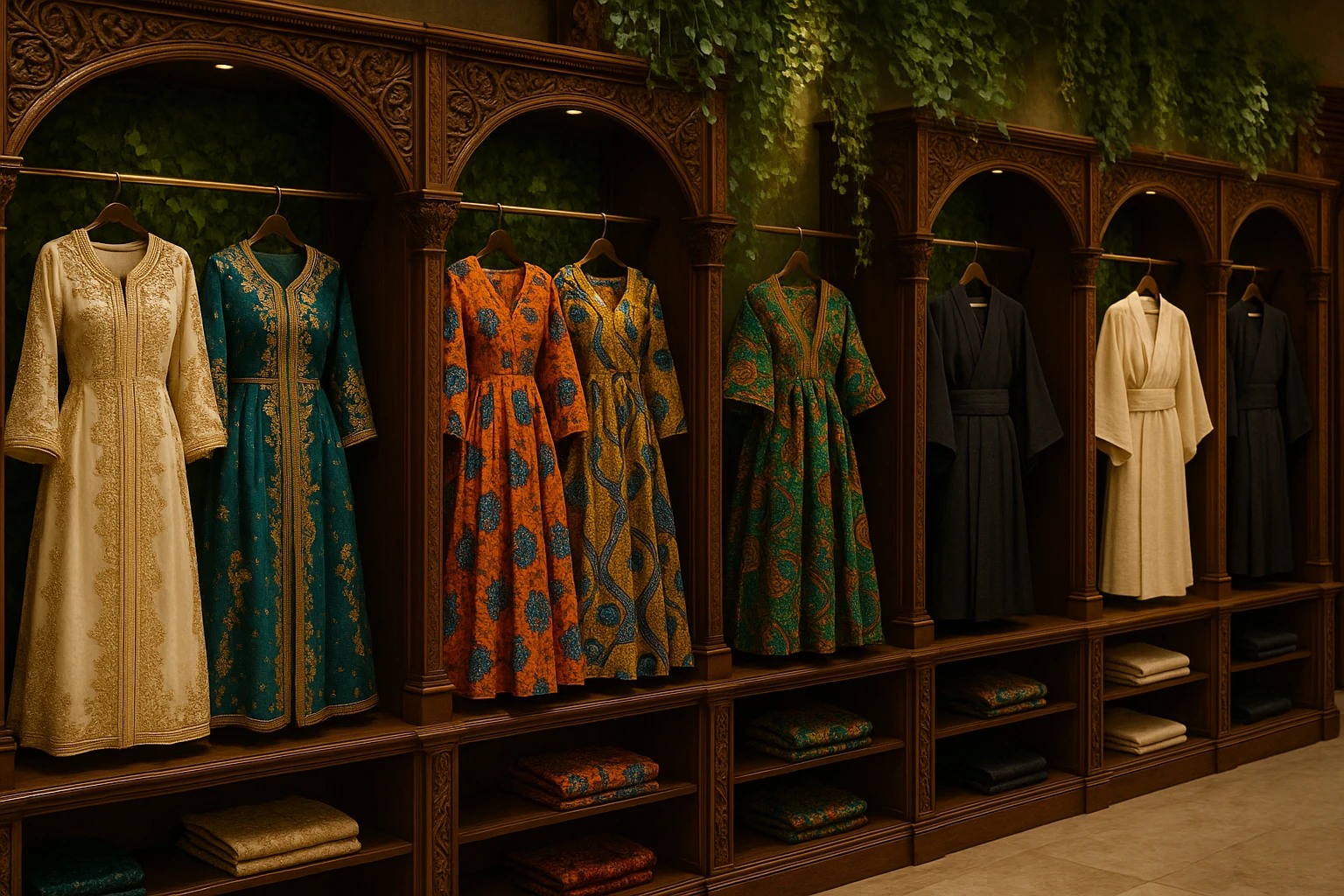 A lavish boutique interior with ornate wooden shelves displaying an array of elegant international evening wear: intricately beaded Moroccan kaftans, vibrant African Ankara gowns, and minimalist Japanese kimonos, contrasted against a backdrop of lush, cascading green vines.