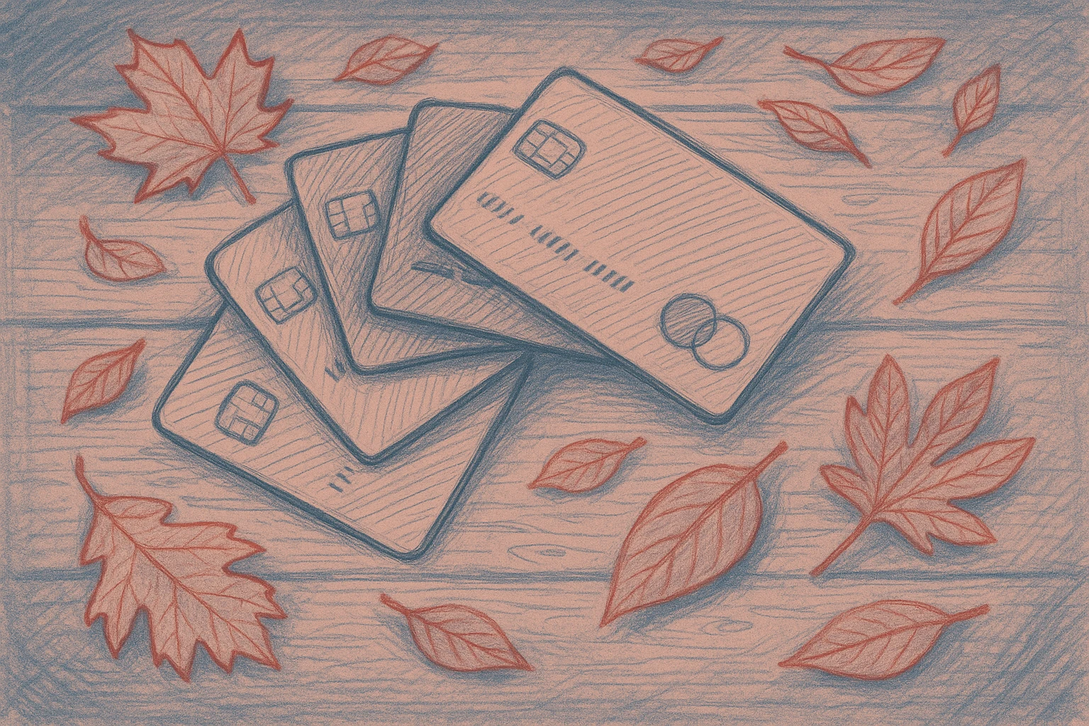 A set of diverse credit cards fanned out on a rustic wooden table, with autumn leaves scattered around, symbolizing different paths in assessing creditworthiness.