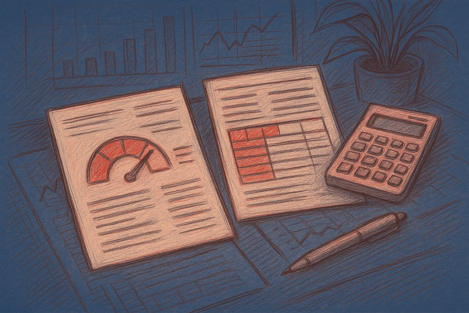 A close-up of a financial planner's desk featuring two distinct credit score reports side by side, highlighting their different formats and criteria, with a calculator and a pen beside them against a backdrop of financial charts and a plant in the corner.