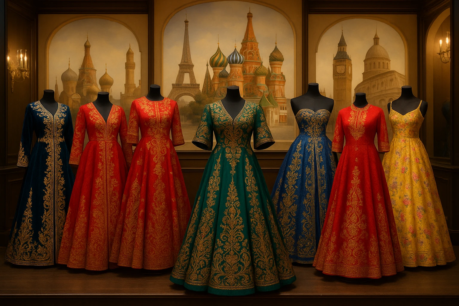 A luxurious boutique display featuring an array of international evening gowns from various cultures, with intricate embroidery and vibrant fabrics, set against an elegant backdrop of global landmarks.