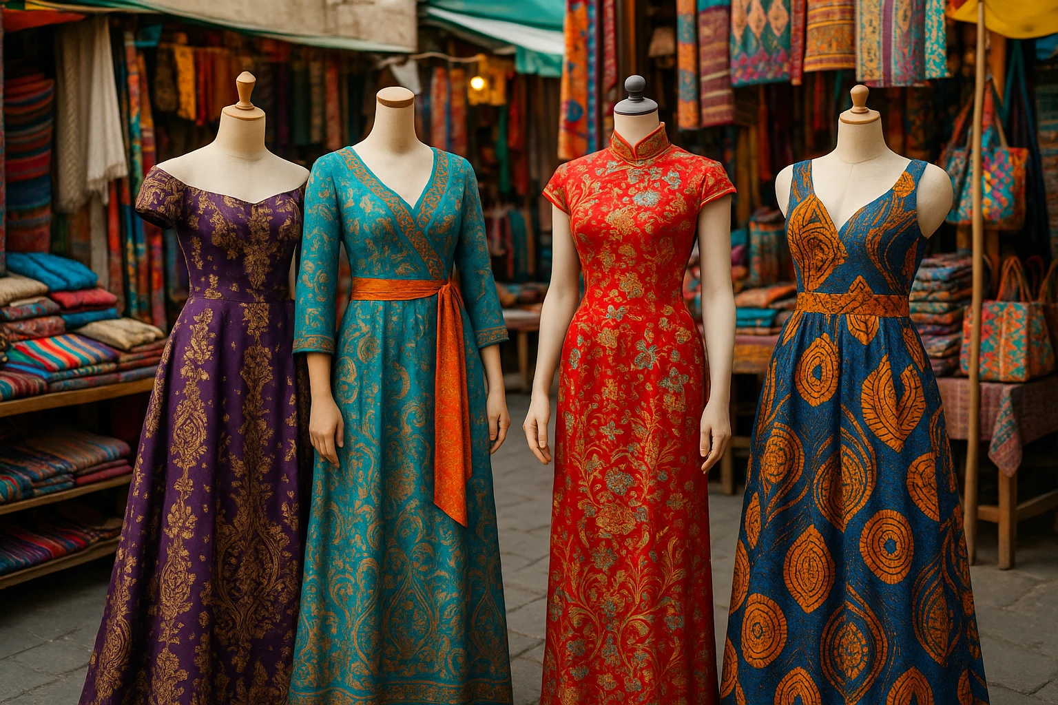 A vibrant street market display featuring mannequins dressed in a variety of international evening wear, each showcasing traditional patterns and fabrics from different cultures, set against colorful stalls with local textiles and accessories.