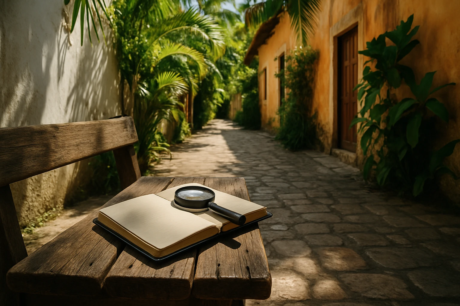 A secluded, sunlit alley in Cozumel with a magnifying glass and a notebook placed on a rustic wooden bench, hinting at the discreet investigations unfolding amidst the tropical foliage.
