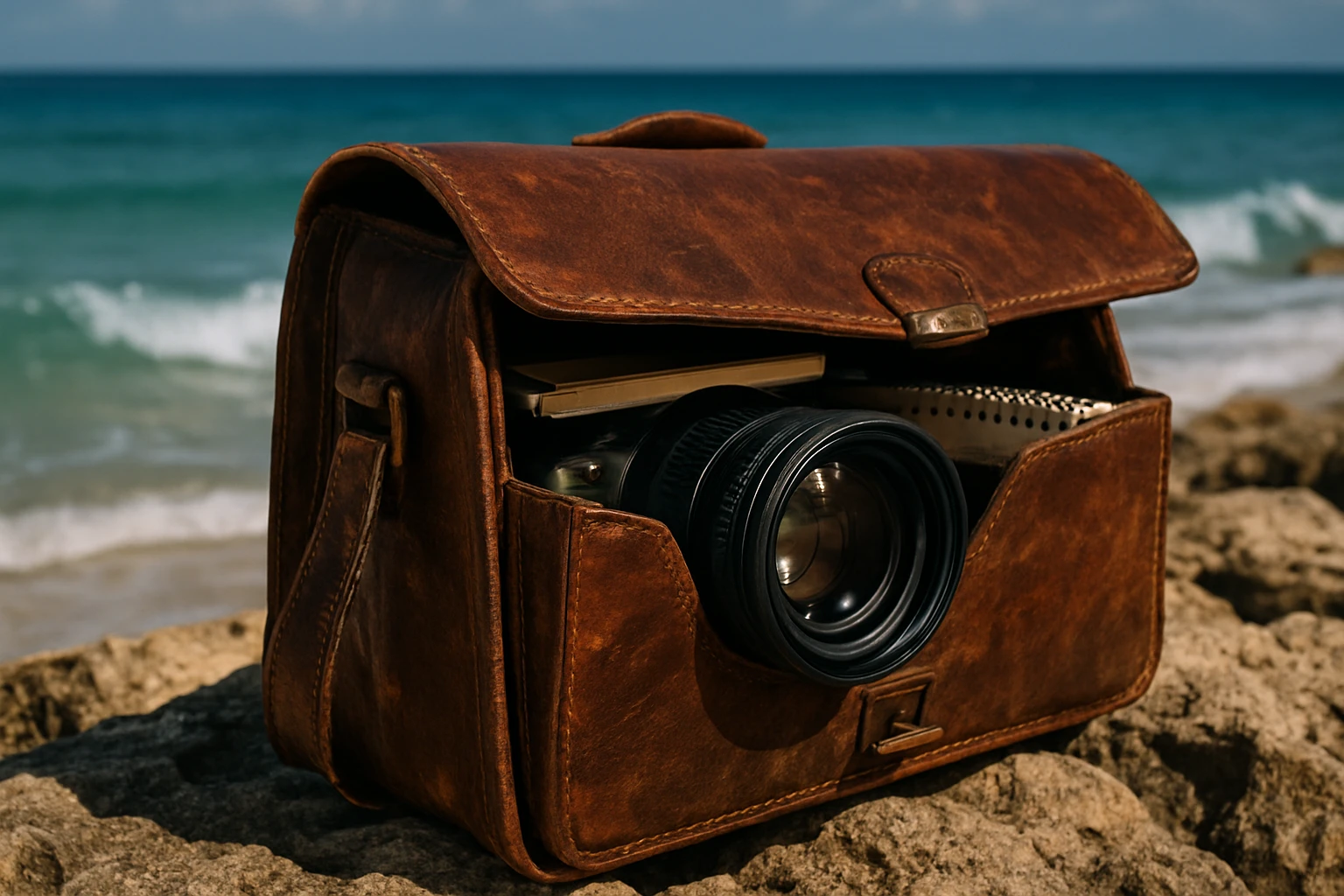 A close-up of a weathered leather briefcase slightly ajar, revealing a camera lens and a notepad, set on a rocky shoreline in Cozumel with the ocean waves gently crashing in the background.