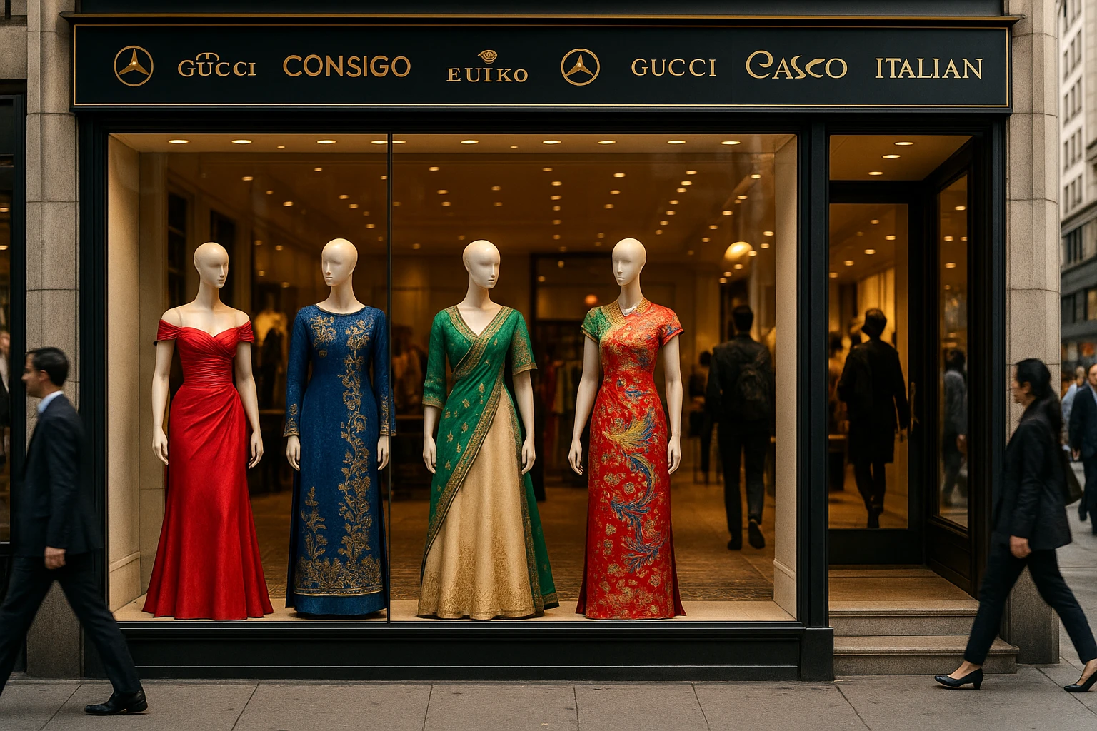 A vibrant boutique storefront in a bustling city, featuring mannequins dressed in exquisite international evening gowns, each showcasing unique cultural designs from different countries, framed by elegant signage with various global brand logos.