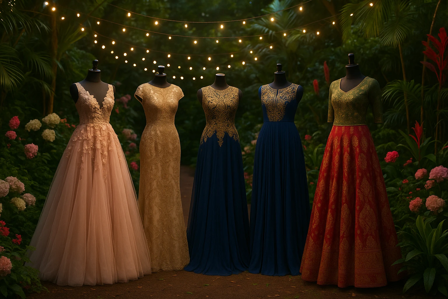 Elegant evening gowns displayed in a lush garden setting, with mannequins showcasing diverse international designs under twinkling fairy lights, surrounded by floral arrangements and tropical plants.